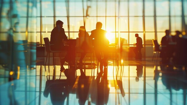 a group of people sit in a room with the sun setting behind them