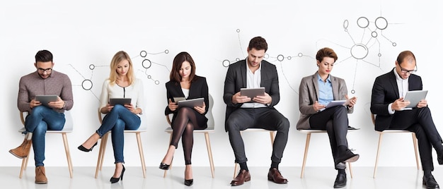 a group of people sit in a row one reading a book the other reading a book