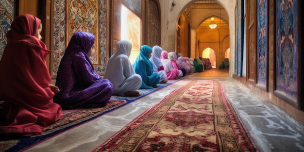 A group of people sit on a rug in a mosque.