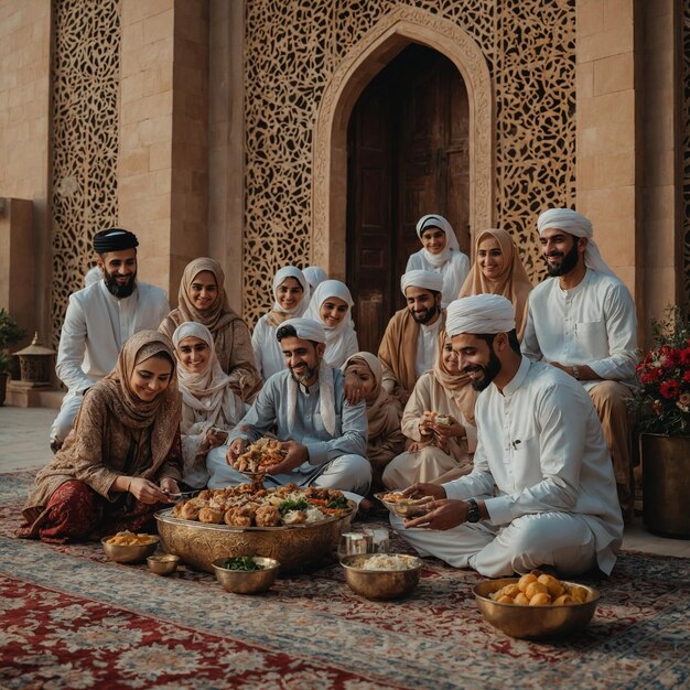 Photo a group of people sit on a rug with bowls of food