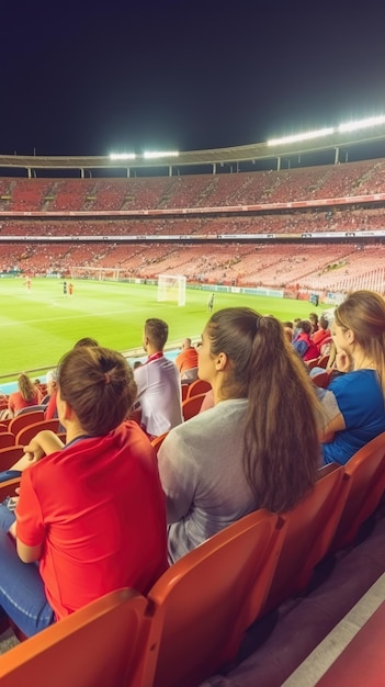 A group of people sit in a stadium watching a game of soccer.