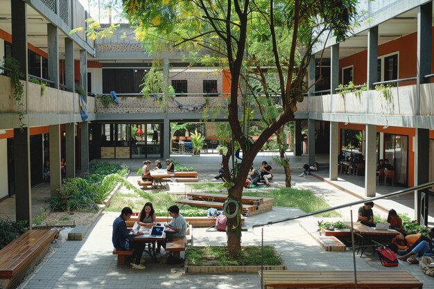 Photo a group of people sit at a table in a courtyard with a sign that saysno