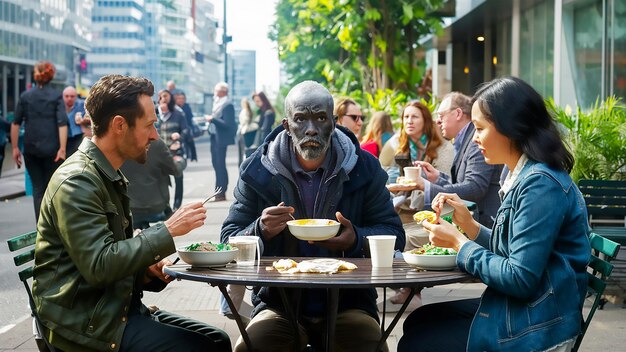 人々のグループがテーブルに座って食べ物を食べる