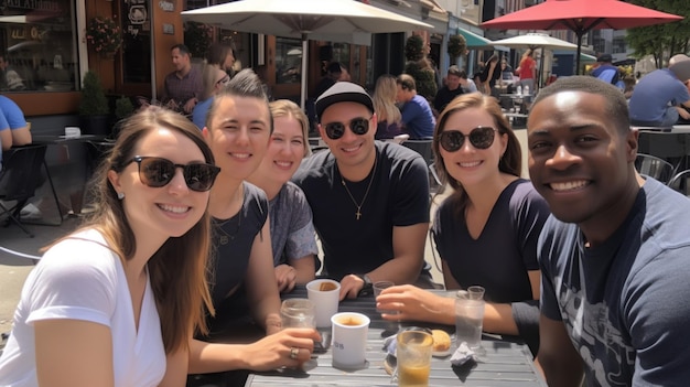 A group of people sit at a table outside at a cafe.