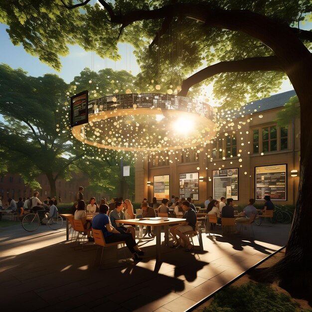 a group of people sit at a table under a tree