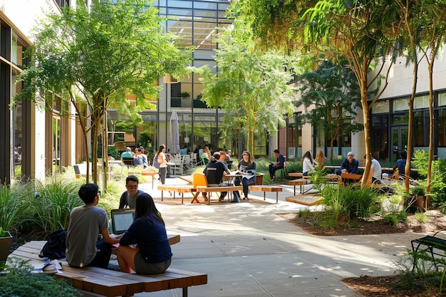 a group of people sit at a table with laptops and one of them has a tree in the background