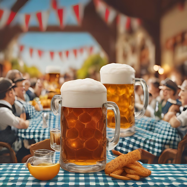 Photo a group of people sit at a table with mugs of beer and a bagel