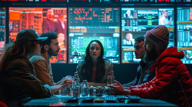 a group of people sit at a table with a tv screen behind them