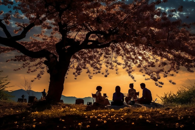 A group of people sit under a tree with a sunset in the background.