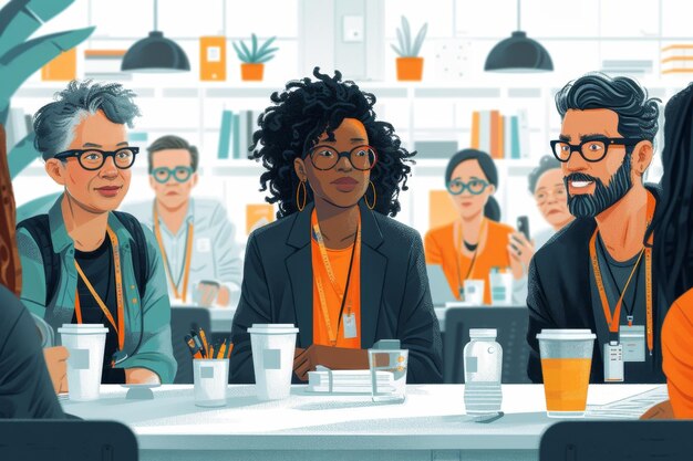 A group of people sits at a table and makes important decisions Illustration