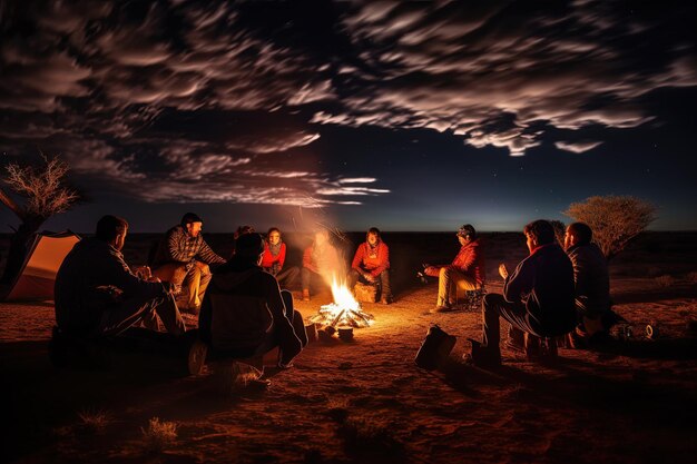 A group of people sitting around a campfire