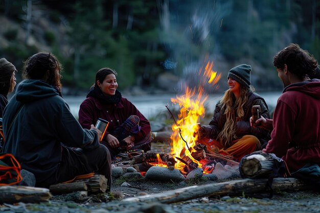 캠프 불 주위에 앉아 있는 한 무리의 사람 들