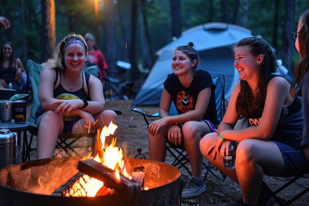 A group of people sitting around a fire pit