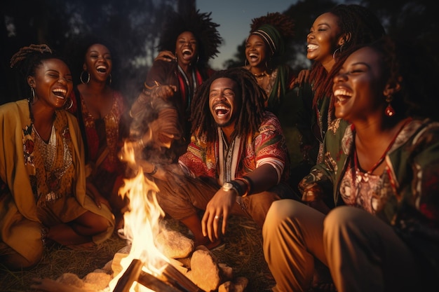 A group of people sitting around a fire