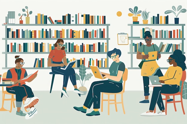 A group of people sitting around a library