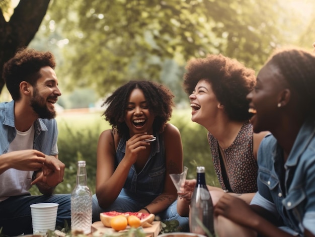 A group of people sitting around a picnic table Generative AI image