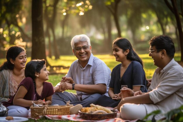 a group of people sitting around a picnic table