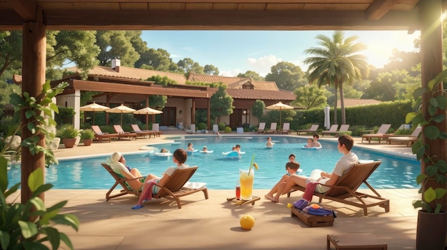 a group of people sitting around a pool with a drink in it