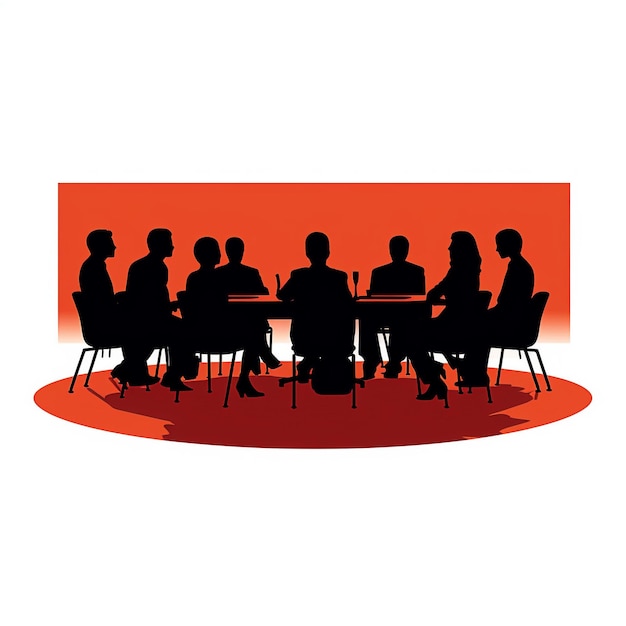 Photo a group of people sitting around a round table in front of a red background.