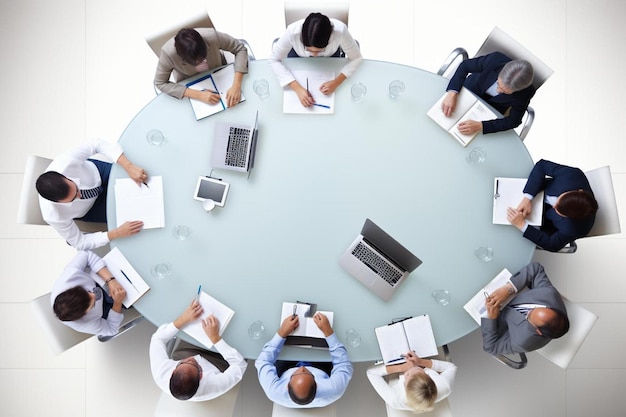 a group of people sitting around a round table with laptops and laptops