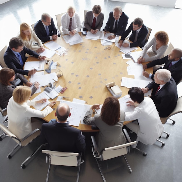 A group of people sitting around a round table with papers on it.