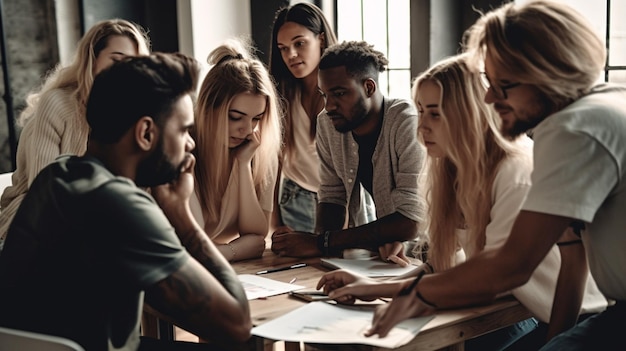 A group of people sitting around a table, discussing a project.