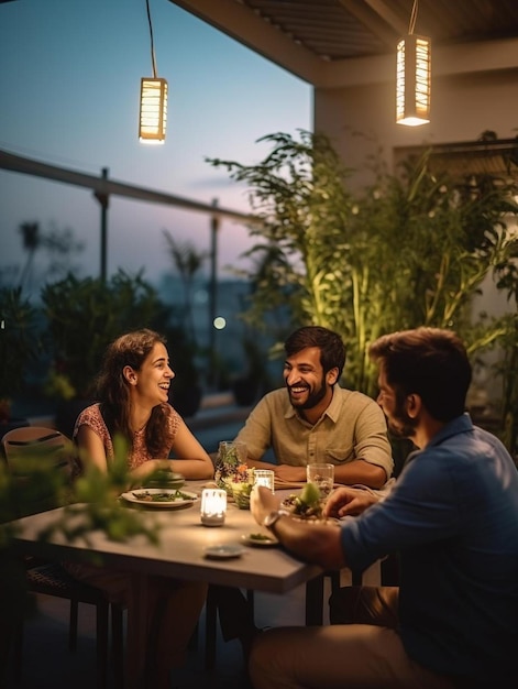 a group of people sitting around a table eating