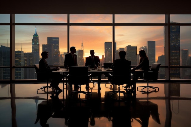 a group of people sitting around a table in front of a window