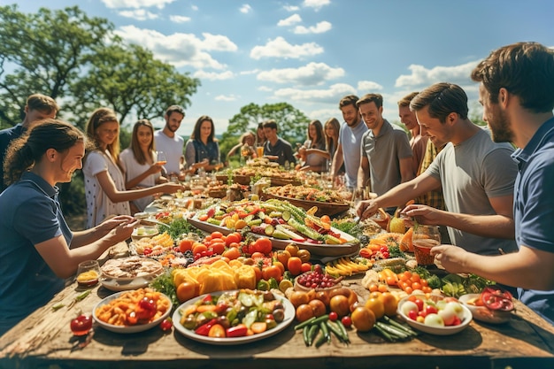 食べ物でいっぱいのテーブルの周りに座っている人々のグループ 庭で昼食をとっている友達