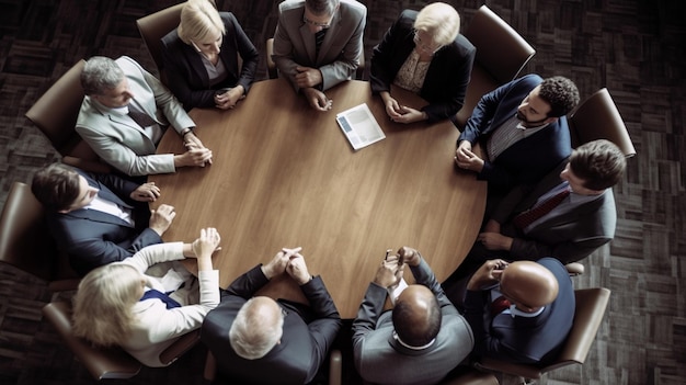 A group of people sitting around a table, holding papers and looking at the camera.