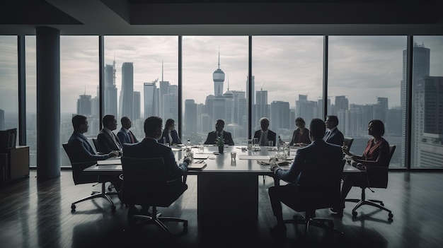 A group of people sitting around a table in a meeting room with a city skyline in the background.