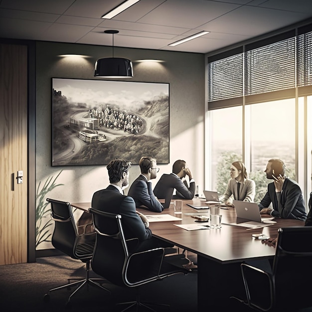 A group of people sitting around a table in a meeting room with a painting on the wall.