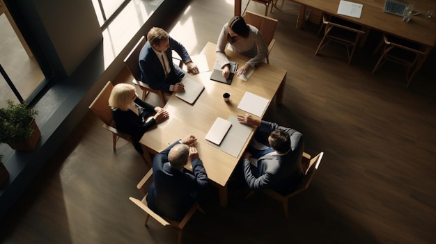 A group of people sitting around a table, one of them is holding a pen and the other is holding a pen.