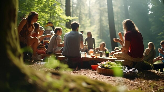 Photo a group of people sitting around a table outside