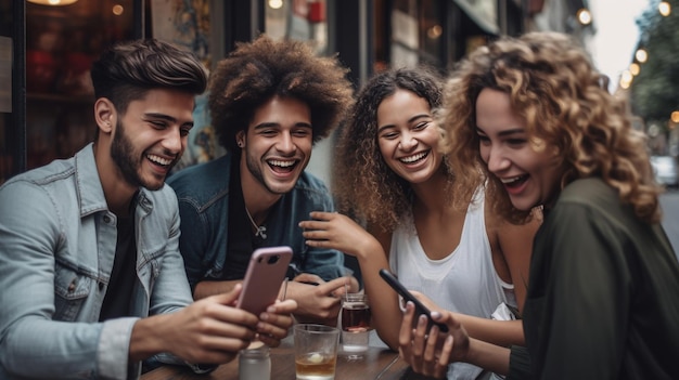 Photo group of people sitting around a table with a cell phone