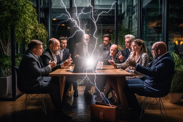 A group of people sitting around a table with a laptop