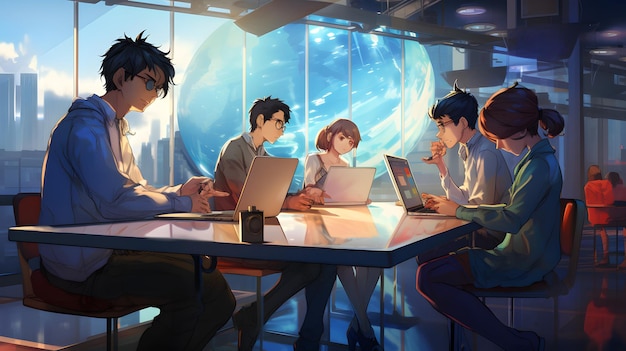 Группа людей, сидящих за столом с ноутбуками Генеративный ИИ