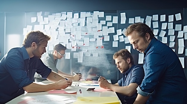 a group of people sitting around a table with a paper on it