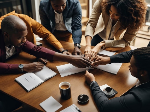 a group of people sitting around a table with papers and pens in their hands