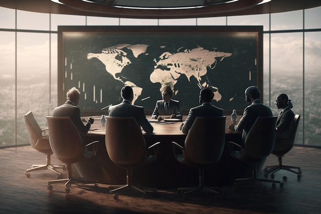 A group of people sitting around a table with a world map on the wall behind them.