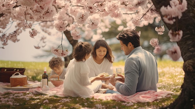 Group of People Sitting on Blanket Under Tree for Relaxation and Leisure Spring