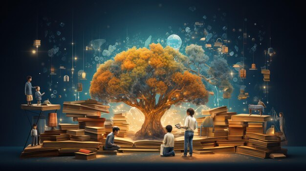 Group of people sitting on books and reading books around a big tree