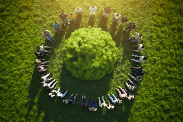 группа людей, сидящих в кругу на фоне земли день народонаселения мира AI