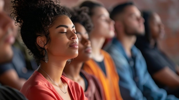 A group of people sitting in a circle with their eyes closed participating in a guided meditation