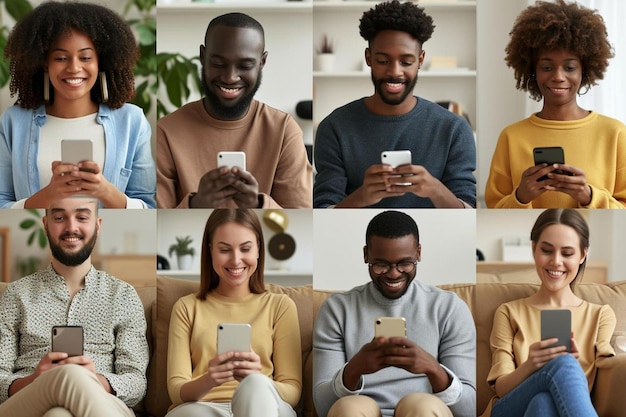 Foto un gruppo di persone sedute su un divano che guardano i loro cellulari