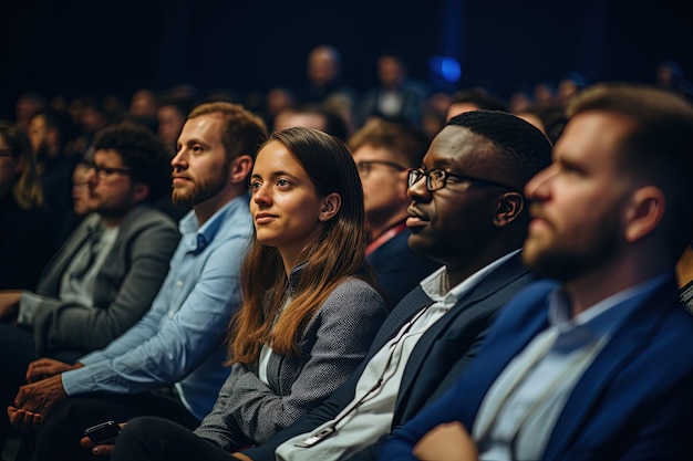 A group of people sitting in front of a crowd