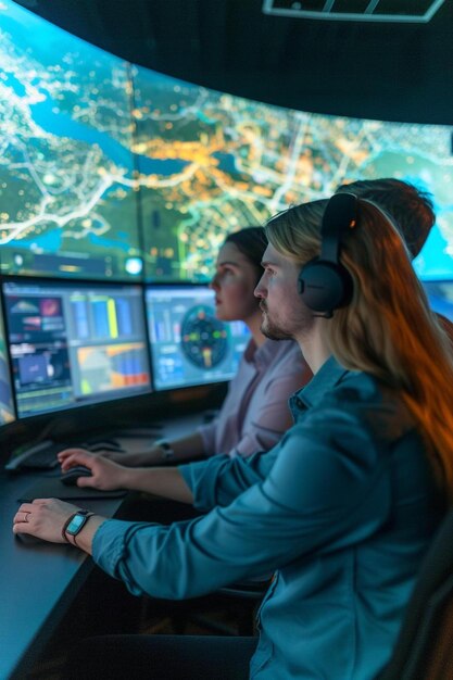 a group of people sitting in front of multiple monitors