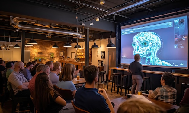 A group of people sitting in front of a projection screen