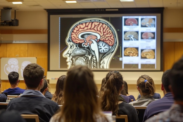 a group of people sitting in front of a screen that says brain and brain