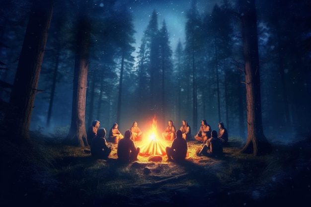 숲 벡터 삽화에서 모닥불 근처에 앉아 있는 사람들의 그룹